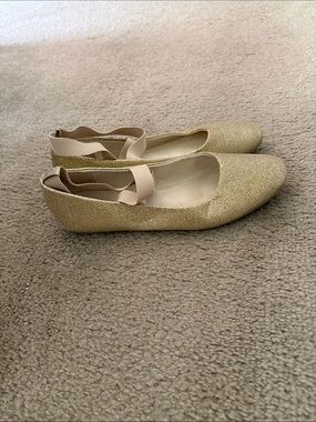 Glitter Gold Ballet Flats with Nude Ankle Strap - Women